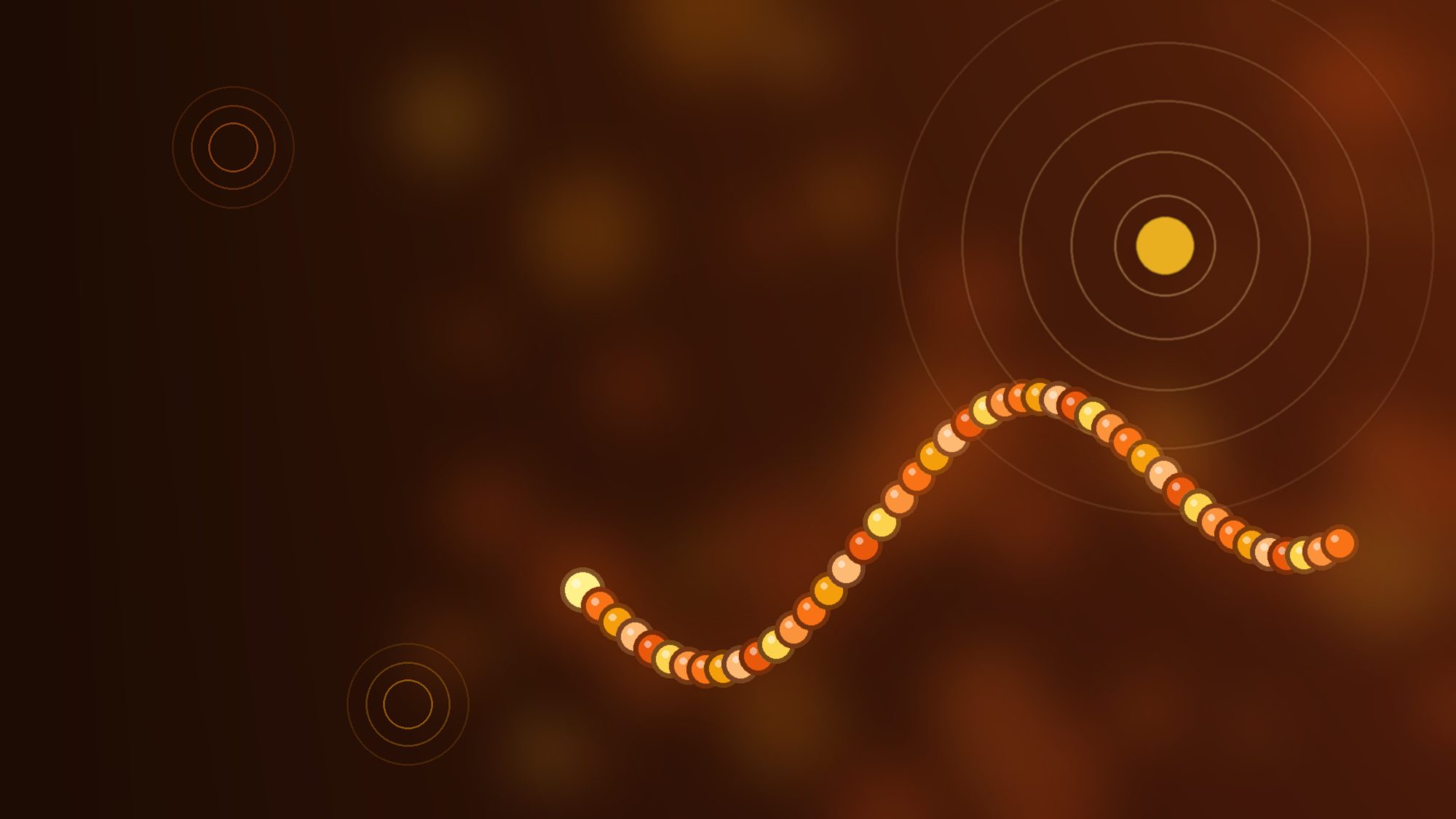 Burnt orange illustration of a long wavy chain of beads with signal rings on a dark background